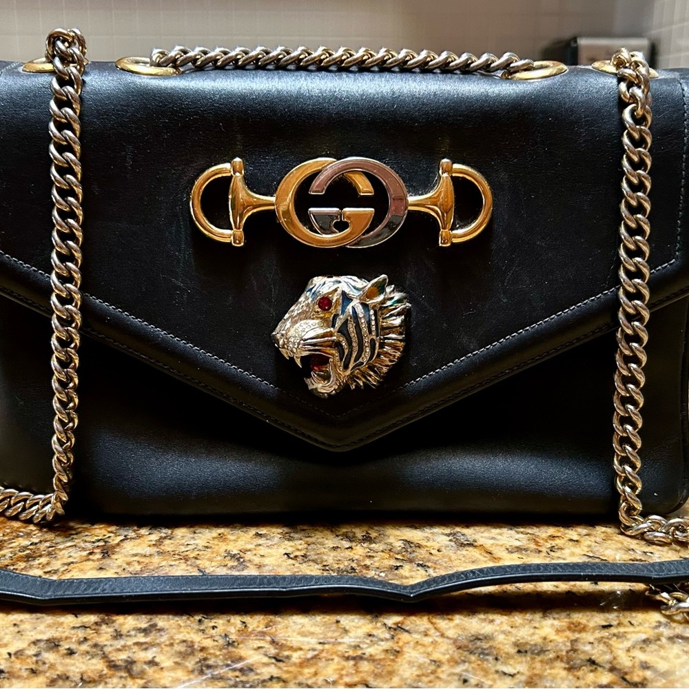Gucci Rajah Black Shoulder Bag with Gold and Silver Details